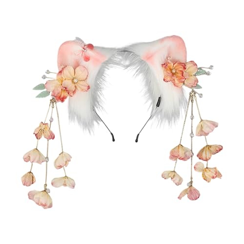 Saiyana Pelzige Katzen Ohrhaarband mit baumelnden Blumenquasten für Anime -Event und Rollenspielparty Frauen Teenager täglich un(Rosa) von Saiyana