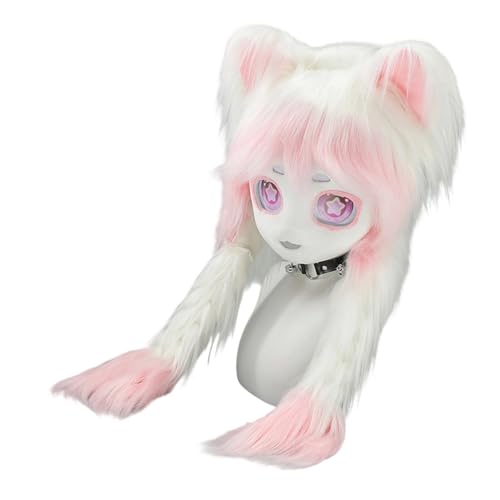 Saiyana Realistische Tierkopfmaske für Halloween -Rollenspiel -Kostüm mit weichen Kunstpelzen und belüftetem Design für Anime -E(Weiß Rosa) von Saiyana