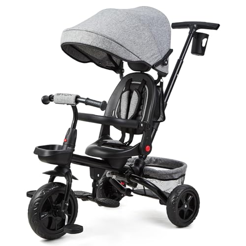Baby Dreirad, 6 In 1 Kinderdreirad Mit Schubstange,Babyfahrrad für 18 Monaten bis 5 Jahre mit Umkehrbarem Sitz, Ausklappbarem Verdeck Mit Sonnenschutz, Kinderwagen Faltbar (Grau) von Salutmeuble