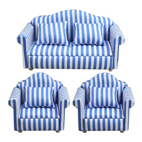 Puppenhaus-Couch mit Kissen | Miniatur Sessel Puppenhaus Möbel Zubehör | Puppenhaus-Möbel-Couch- und Stuhl-Set | Miniatur-Sofa-Sessel aus Holzstoff von Salyeeluly