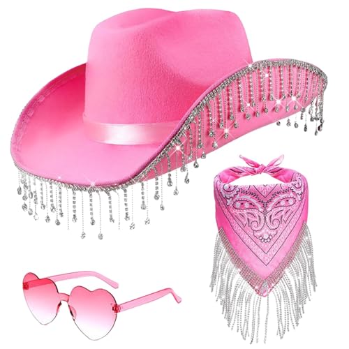 Salyeeluly Cowboy Hut Damen | Rosa Cowgirl-Hut | Partybrille Accessoires Mit Strass Fransen Glitzer Cowgirl Hut Karneval Kostüm Zubehör Kopfbedeckung Cosplay-Zubehör, 3 Stück von Salyeeluly