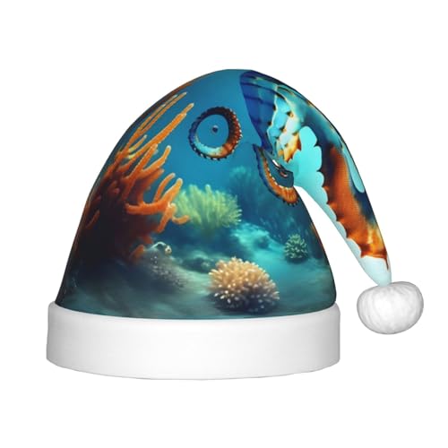 Seepferdchen-Weihnachtsmütze mit Meeresboden – klassische Weihnachtsmann- und Neujahrsparty-Kopfbedeckung – perfekt für Feiertage, Halloween von SamLng