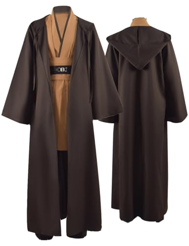 Herren Jedi Kostüm Halloween Tunika Kostüm Erwachsene Tunika Kapuzenmantel Uniform Ritterumhang Cosplay Komplettes Set Outfit (Braun, X-Large) von Sampepa