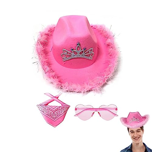 Cowboyhut für Damen, Filz, flauschiger Federbesatz, Cowgirl-Hut aus Filz, leuchtende Farben, Cowgirl-Hut für Damen, Cowboyhüte – attraktives Partyzubehör mit quadratischem Polyester-Schal, Herz-Brille von Samuliy