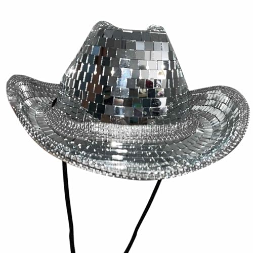 Samuliy Glitzer Cowboyhut | Silberner verspiegelter Ball-Cowboyhut | Verspiegelter Disco-Spiegelhut für glitzernden, atemberaubenden und lustigen Junggesellenabschiedshut für Damen und Herren, von Samuliy