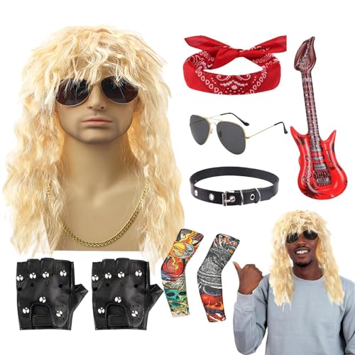 Samuliy Rocker-Kostüm für Herren, 80er-Jahre-Kostüm, Disco-Kostüm, Hippie-Perücke für Herren, Rocker-Kostüm für Herren, 70er-/80er-Jahre-Kostüm, Rocker-Perücke, Herren-Kostüm-Set für den täglichen von Samuliy