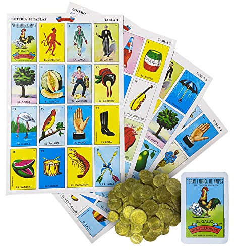 Loteria Mexicana Tradicional Jumbo Don Clemente para 10 Jugadores con 100 Monedas – Mexikanisches Bingo-Set in Jumbo-Größe mit 100 Zählchips, Kunststoffmünzen für 10 Spieler mit Kartendeck und von San Rafael Arcangel