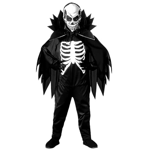 "SKELETON" (jumpsuit, cape with stand-up collar, mask) - (128 cm / 5-7 Years) von WIDMANN