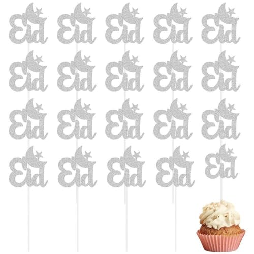 Eid Mubarak Cupcake Toppers 20pcs Glitter Star Moon Ramadan Kareem Cupcake Toppers Kuchen - Für Eid Party Muffin Kuchendekoration von Sanfly