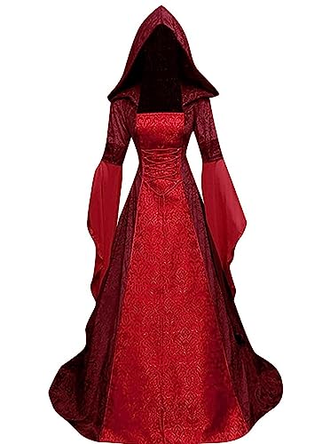 Sangdut Damen Retro Mittelalter Hexe Kleid mit ausgestellten Ärmeln, viktorianische Renaissance Kapuze Gothic Langes Kleid Halloween Party Cosplay Kostüme Outfits(Rot, 3XL) von Sangdut