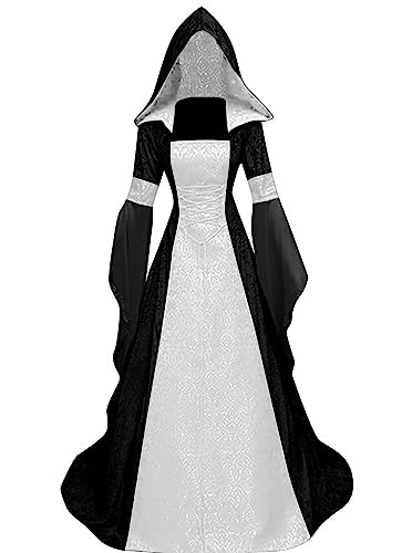 Sangdut Damenkleid im Retro-Stil, mittelalterliches Hexenkleid mit ausgestellten Ärmeln, viktorianische Renaissance, mit Kapuze, Gothic, langes Kleid, Halloween, Party, Cosplay, Kostüme, Outfits von Sangdut