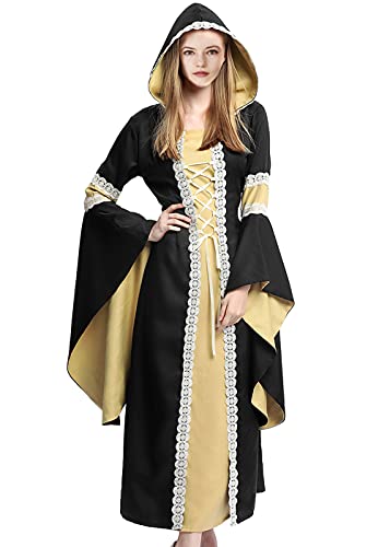 Weibliche Halloween Cosplay Kostüme Outfits für Erwachsene, Frauen Gothic Mittelalter Renaissance Vintage Hexe Lange Kleider, Viktorianischer Retro Kapuzenumhang Vampir Robe (S, Schwarz) von Sangdut