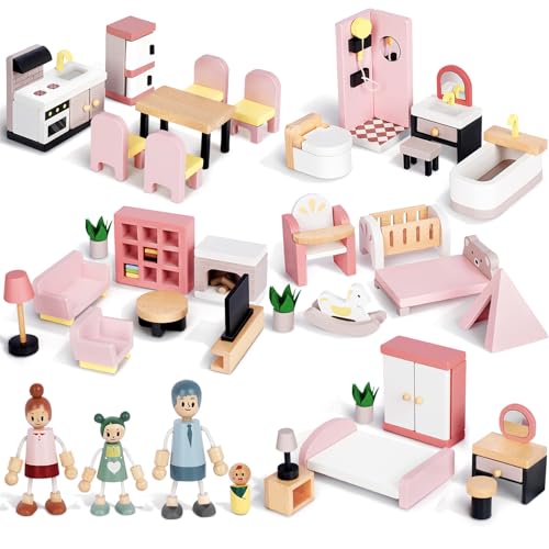 36pcs Wooden Dollhouse Furniture Set with 4 Family Dolls, 5 Rooms Wood and Plastic Pink Dollhouse Accessories 36pcs Wooden Dollhouse Furniture Set with 4 Family Dolls, 5 Rooms Wood and Plastic Pink Dollhouse Accessories von Sanlebi