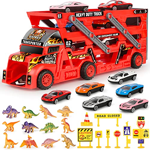 Sanlebi Autotransporter LKW Spielzeug-Mega Hauler Truck Tragekoffer für Spielzeugautos Abschleppwagen mit Dinosaurier für Kinder (29 Pack) (Rot) von Sanlebi