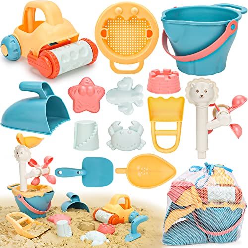 Sanlebi Sandspielzeug Set, Kinder Sandkasten Spielzeug mit Eimer, Sandformen, Netzbeutel Strand Outdoor Spiele für Jungen Mädchen von Sanlebi