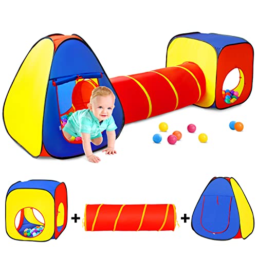 Kinder-Spielzelt mit Bällebad + Spieltunnel + Tipi-Zelt, Pop-Up-Spielhaus für Jungen und Mädchen, zusammenklappbares Kinderspielzelt, Spielzeug für drinnen und draußen (buntes Fort) von Sanobear