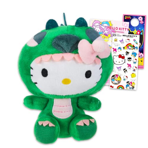 SANRIO Hello Kitty Plüsch-Set – Paket mit 16,5 cm Hello Kitty Plüschpuppe mit Drachenkostüm und Tragegurten plus Aufklebern, Tattoos, mehr Geschenke für Mädchen, Kinder von Sanrio