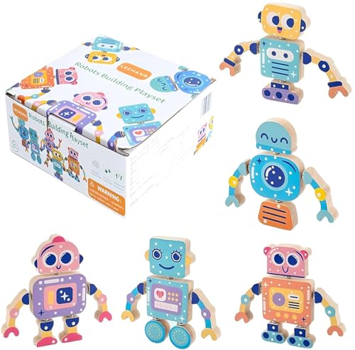 SansRealmL Bauklötze Holzspielzeug ab 3 Jahre, Montessori Feinmotorik Konstruktionsspielzeug mit Buttons, Roboter Holzbausteine, 3 jährigen Jungen und Mädchen ab 3 Jahre von SansRealmL