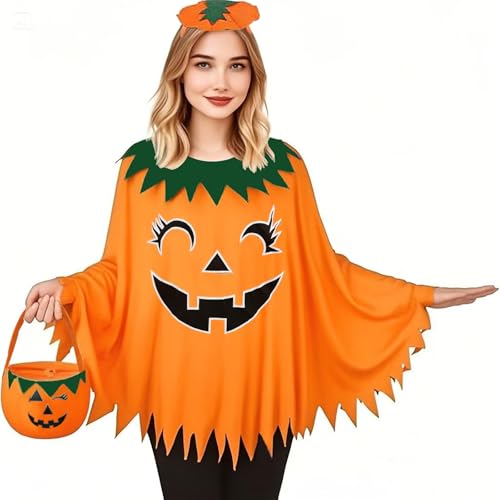 Santoy Halloween-Kürbis-Kostüm für Damen, leuchtet im Dunkeln, Poncho, Stirnband und Leckerli-Tasche, lustiges und einfaches Outfit in Einheitsgröße mit Zubehör für Party oder Süßes oder Saures Santoy Halloween-Kürbis-Kostüm für Damen, leuchtet im Dunkeln, Poncho, Stirnband und Leckerli-Tasche, lustiges und einfaches Outfit in Einheitsgröße mit Zubehör für Party oder Süßes oder Saures von Santoy