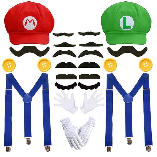 Santoy Super Bros Mary und Luigi Kostüm für Erwachsene, Hüte, Schnurrbart, Handschuhe, Zubehör, Halloween, Cosplay, für Damen und Herren von Santoy