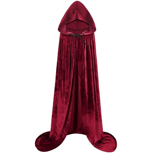 Sarfel Kapuzenumhang Samt-Umhang mit Kapuze Halloween-Umhang Hexenkostüm Vampirumhang Zauberer Robe Herren Cosplay Kostüm, Weinrot, L von Sarfel