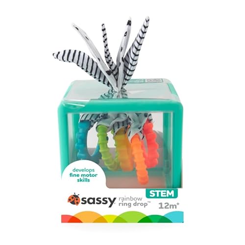 Sassy Montessori Sensorik-Würfel für Babys ab 12 Monaten – Manipulationsspielzeug mit 5 strukturierten Ringen – Greif- & Beißspielzeug, STEM Lernspielzeug, bunt & durchsichtig von Sassy