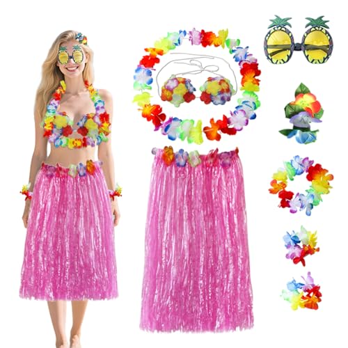 8 Stück Hawaiian Hula Rock Kostüm Set, 60cm Hula Gras Rock Halskette Haarband Hawaiianischer Lei Bikini Oberteil Hibiskus Haarclip Ananas Brille, Sommer Strand Tropische Party Dekorationen (Rosa) von Satiskid