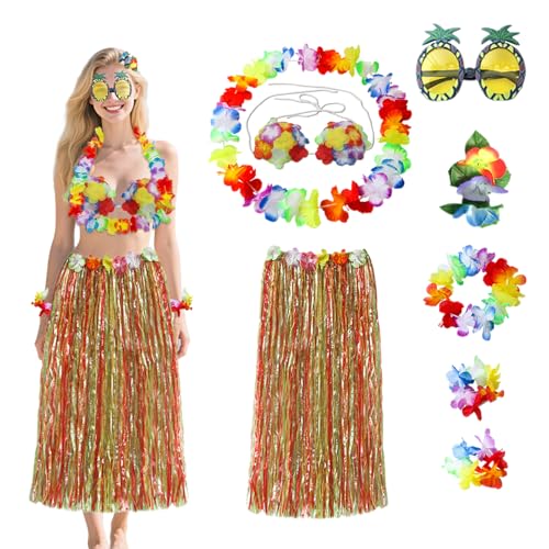 8 Stück Hawaiian Hula Rock Kostüm Set, 60cm Hula Gras Rock Halskette Haarband Hawaiianischer Lei Bikini Oberteil Hibiskus Haarclip Ananas Brille, Sommer Strand Tropische Party Dekorationen (Rot) von Satiskid