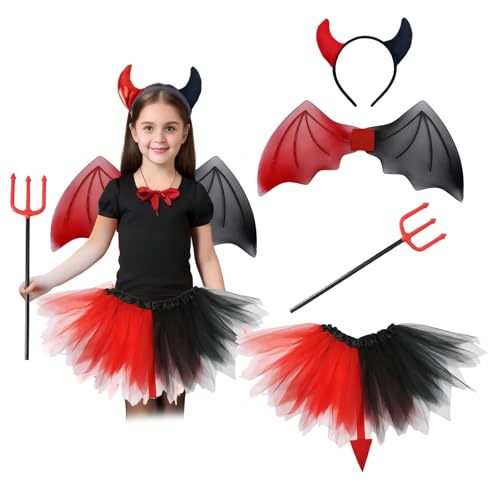 Kinder Teufel Kostüm, Kinder Teufelchen Kostüm mit Teufel Hörner Stirnband, Flügel, Tutu Rock und Dreizack Requisite, Mädchen Halloween Cosplay Kostüme, Fancy Dress für 80-140cm (Schwarz & Rot) Kinder Teufel Kostüm, Kinder Teufelchen Kostüm mit Teufel Hörner Stirnband, Flügel, Tutu Rock und Dreizack Requisite, Mädchen Halloween Cosplay Kostüme, Fancy Dress für 80-140cm (Schwarz & Rot) von Satiskid