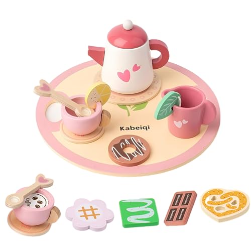 Satiskid 15 Stück Teeservice Kinder, Holz Teeservice für Kinderküche, Teeparty Spielküche Rollenspiele, Ideal Weihnachten Geburtstag Geschenk für 3 4 5 6 Jahre alt Mädchen Kinder Junge (Rosa) von Satiskid
