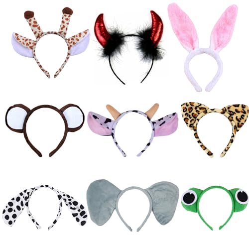 Satiskid 9 Stück niedliche Tier Stirnbänder, Zoo Safari Dschungel Thema Party Supplies, Rollenspiel Party Favor Kostüm Zubehör, Plüsch Haarbänder, Cartoon Tier Haarreif für Kind Erwachsene von Satiskid