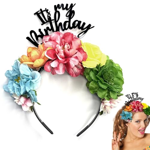 Satiskid Buntes Blumen-Geburtstags-Stirnband, "It's My Birthday", mexikanisches Blumenhaarband, lustiges Party-Haar-Accessoire für Mädchen und Frauen von Satiskid