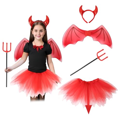 Satiskid Kinder Teufel Kostüm, Kinder Teufelchen Kostüm mit Teufel Hörner Stirnband, Flügel, Tutu Rock und Dreizack Requisite, Mädchen Halloween Cosplay Kostüme, Fancy Dress für 80-140cm (Rot) von Satiskid