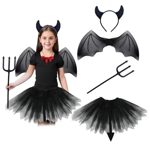 Satiskid Kinder Teufel Kostüm, Kinder Teufelchen Kostüm mit Teufel Hörner Stirnband, Flügel, Tutu Rock und Dreizack Requisite, Mädchen Halloween Cosplay Kostüme, Fancy Dress für 80-140cm (Schwarz) Satiskid Kinder Teufel Kostüm, Kinder Teufelchen Kostüm mit Teufel Hörner Stirnband, Flügel, Tutu Rock und Dreizack Requisite, Mädchen Halloween Cosplay Kostüme, Fancy Dress für 80-140cm (Schwarz) von Satiskid