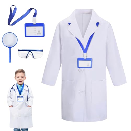 Satiskid Wissenschaftler-Kostüm für Kinder mit Laborkittel, Brille, Ausweis und Lupe für wissenschaftliche Rollenspiele und Halloween-Verkleidungen (140 cm) von Satiskid