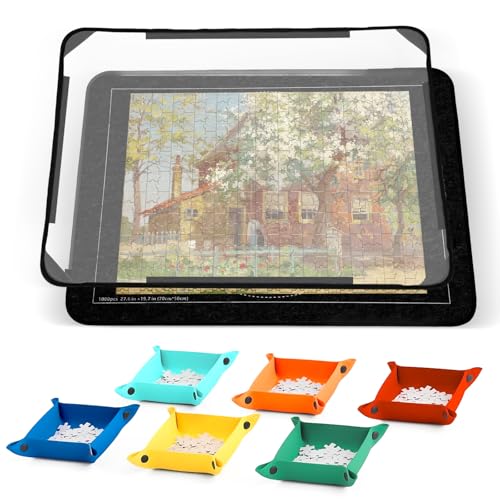 Savieva Puzzlematte 1000 Teile, Puzzlematten für Puzzle bis 1000, 81x56cm Filz-Puzzlematte mit 6 Sortierschalen und transparenter Abdeckung, ideal für Kinder, Anfänger, Senioren (Schwarz) von Savieva