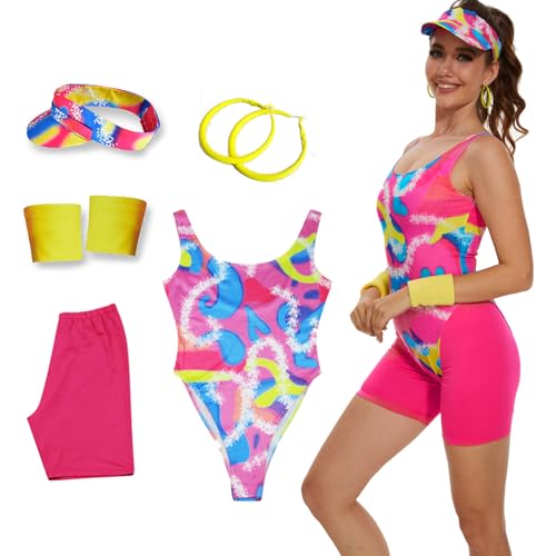 Saxcdyi 80er Jahre Workout Kostüm Outfit Trikot Leggings Armbänder Sonnenblende Ohrringe Set Halloween Frauen Margot Robbie Cosplay XS von Saxcdyi