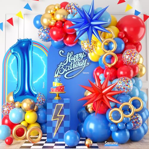 1. Geburtstag Dekorationen für Jungen, Rot Gelb Blau Erster Geburtstag Ballon Girlande Bogen Kit Stern Folienballons 40 Zoll Nummer 1 Ballon für Kind 1 Jahr alt Cartoon Thema Party Baby Shower von Saxuxu
