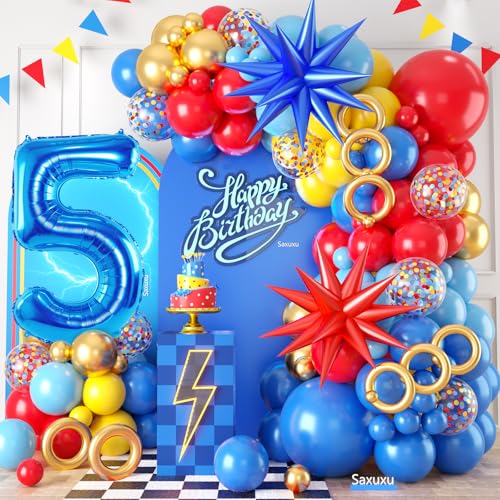 5. Geburtstag Dekorationen für Jungen, Rot Gelb Blau Fünfter Geburtstag Ballon Girlande Bogen Kit Stern Folienballons 40 Zoll Zahl 5 Ballon für Kind 5 Jahre alt Cartoon Thema Party Baby Shower von Saxuxu