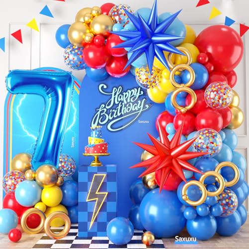 7. Geburtstag Dekorationen für Jungen, Rot Gelb Blau 7. Geburtstag Ballon Girlande Bogen Kit Stern Folienballons 101,6 cm Zahl 7 Ballon für Kind 7 Jahre alt Cartoon Thema Party Baby Shower von Saxuxu