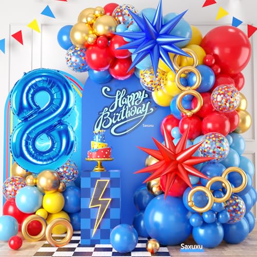 8. Geburtstag Dekorationen für Jungen, Rot Gelb Blau 8 Geburtstag Ballon Girlande Bogen Kit Stern Folienballons 40 Zoll Zahl 8 Ballon für Kind 8 Jahre alt Cartoon Thema Party Baby Shower Abschluss von Saxuxu