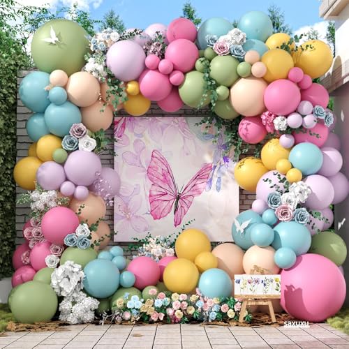 Ballonbogen-Set mit Blumenmotiven, 122 Stück, Hot Pink, Pastellblau, staubgrün, Macaron, Orange, Lavendel, Lila, Gelb, matte Luftballons für Mädchen, Blumen-Mottoparty, Boho, Babyparty, Hochzeit Ballonbogen-Set mit Blumenmotiven, 122 Stück, Hot Pink, Pastellblau, staubgrün, Macaron, Orange, Lavendel, Lila, Gelb, matte Luftballons für Mädchen, Blumen-Mottoparty, Boho, Babyparty, Hochzeit von Saxuxu