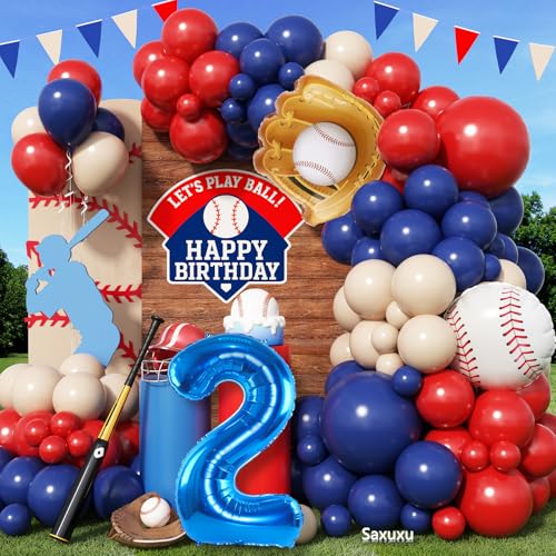 Baseball-Ballonbogen-Set für 2. Geburtstag, Rot-Blau-Nude, Ballonbogen-Set mit 101,6 cm marineblauem Ballon Nummer 2, Baseballhandschuh-Folienballons für Sportparty, Babyparty von Saxuxu