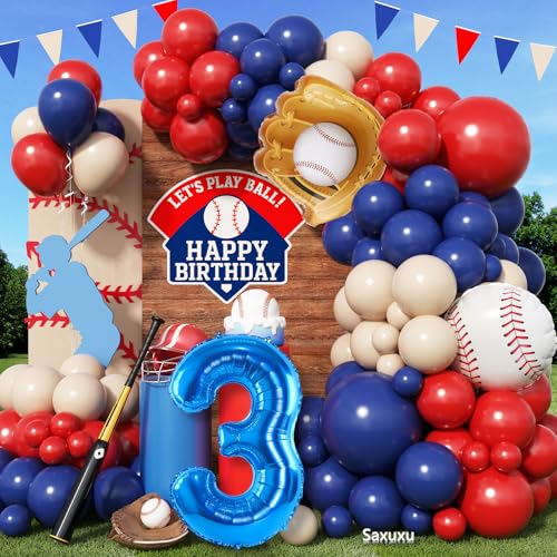 Baseball-Ballonbogen-Set zum 3. Geburtstag, für Jungen, Rot-Blau-Nude, Ballonbogen-Set mit 101,6 cm marineblauem Ballon Nummer 3, Baseballhandschuh-Folienballons für Sportparty, Babyparty Baseball-Ballonbogen-Set zum 3. Geburtstag, für Jungen, Rot-Blau-Nude, Ballonbogen-Set mit 101,6 cm marineblauem Ballon Nummer 3, Baseballhandschuh-Folienballons für Sportparty, Babyparty von Saxuxu