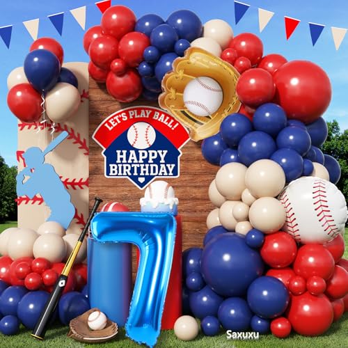 Baseball-Ballonbogen-Set zum 7. Geburtstag, für Jungen, Rot-Blau-Nude-Ballonbogen-Set mit 101,6 cm marineblauem Ballon der Zahl 7, Baseballhandschuh-Folienballons für Sportparty, Babyparty von Saxuxu