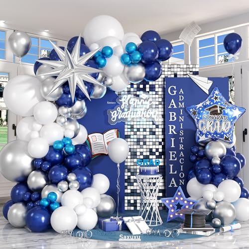 Blau und Silber Ballonbogen Kit, Blau Silber Weiß Luftballons Girlande Kit, Stern Folienballons Navy Metallic Blau Ballon für Abschlussfeier Geburtstag Jahrestag Junggesellinnenabschied Hochzeit von Saxuxu