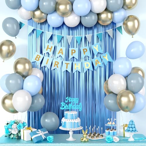 Blaue Geburtstagsdekorationen, staubige blaue Happy Birthday-Party-Dekorationen mit metallischem Sand, Gold, staubigem Macaron, blau-weißen Luftballons, Fransenvorhang, Banner, Kuchenaufsatz für Mann Blaue Geburtstagsdekorationen, staubige blaue Happy Birthday-Party-Dekorationen mit metallischem Sand, Gold, staubigem Macaron, blau-weißen Luftballons, Fransenvorhang, Banner, Kuchenaufsatz für Mann von Saxuxu
