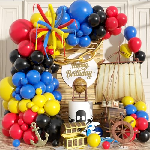 Blaue rote gelbe schwarze Ballonbogen-Kit, blaue rote gelbe Luftballons Girlande, Bogen-Set, lange Ballons für Geburtstag, Babyparty, Held, Cartoon-Themenparty, Hochzeit, Junggesellinnenabschied Blaue rote gelbe schwarze Ballonbogen-Kit, blaue rote gelbe Luftballons Girlande, Bogen-Set, lange Ballons für Geburtstag, Babyparty, Held, Cartoon-Themenparty, Hochzeit, Junggesellinnenabschied von Saxuxu