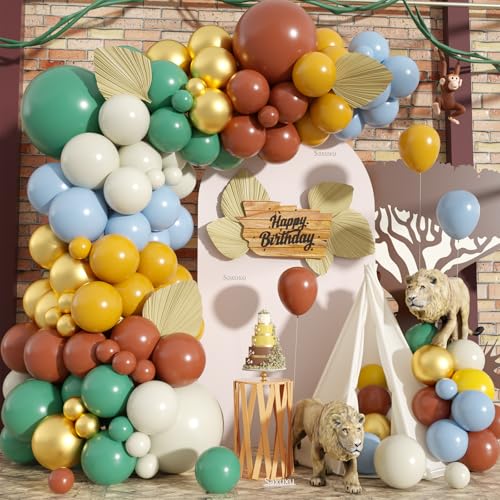 Dschungel-Luftballon-Girlandenbogen-Set, grün-braunes Ballon-Girlandenbogen-Set, weißer, blau-gelber Ballon für Dschungelsafari, Wald, Cartoon, Löwe, Wald, wild, ein Thema, Geburtstag, Babyparty Dschungel-Luftballon-Girlandenbogen-Set, grün-braunes Ballon-Girlandenbogen-Set, weißer, blau-gelber Ballon für Dschungelsafari, Wald, Cartoon, Löwe, Wald, wild, ein Thema, Geburtstag, Babyparty von Saxuxu