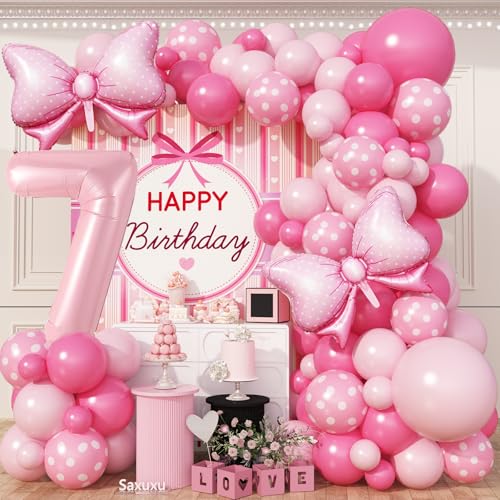 Pink 7th Birthday Decorations for Girl, Hot Pink 7 Birthday Balloon Garland Arch Kit, Bow Foil Balloons, 40Inch Number 7 Balloon for Princess 7 Year Old Party Baby Shower Anniversary von Saxuxu